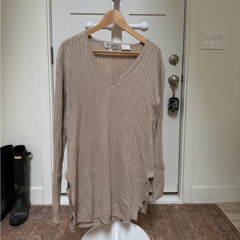 Giovanni Cieri Italy Silk Cashmere Taupe Ribbed V-Neck Sweater